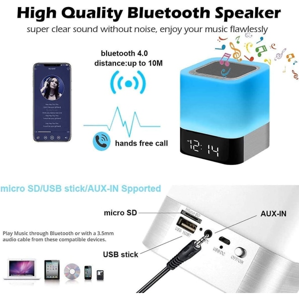 Nattlampa Bluetooth-högtalare, väckarklocka Bluetooth-högtalare Touch Sensor Sänglampa Dimbar Flerfärgad Bytbar Sänglampa, Mp3-spelare, Trådlös