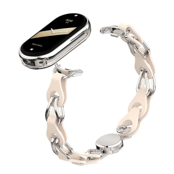 För Xiaomi Smart Band 8 magnetiskt watch äkta koläder+kedjearmband av aluminiumlegering Starlight