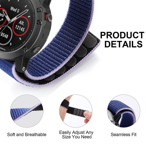 Ommeltu kellon ranneke Garmin Tactix 7 Pro/Fenix 7X/Fenix 6X Pro 26mm, säädettävä nylonlenkki Black Grey