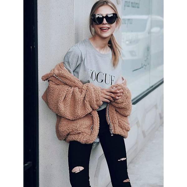 Kvinnors Mode Långärmad Krage Dragkedja Upp Konstgjord Shearling Shaggy Oversized Rock Jacka För Varm Vinter S
