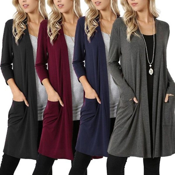 Dame Langærmet Slasket Cardigan Åben Front Draperet Med Lommer Mellem Længde+ Grey L