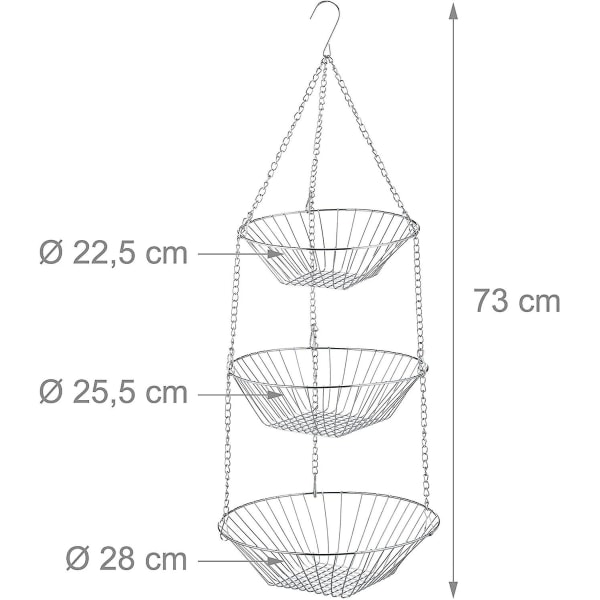 Riippuva metallinen hedelmä-/vihanneskori | Keittiön riippukori lisää työtasotilaa 3-osaisena settinä
