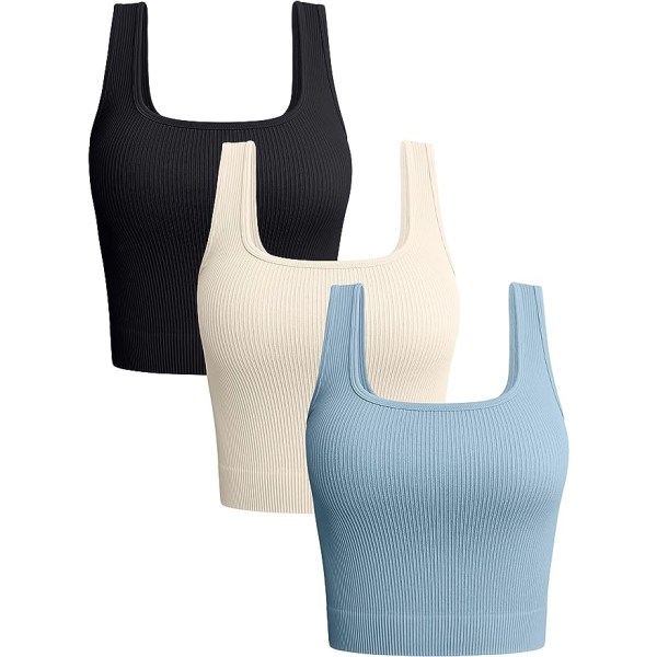 3-delade linne damer Ribbade sömlösa träningströjor Yoga Crop Tops Black Beige Blue L
