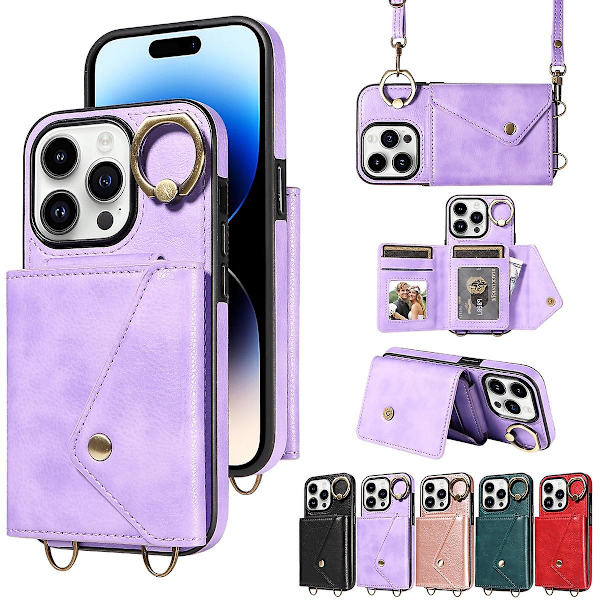 Plånboksfodral Kompatibelt med Iphone 15 Pro Max, PU Läder Stötsäkert Fodral med Axelrem, Ringhållare & Kortfack Purple For iPhone 15 Pro Max