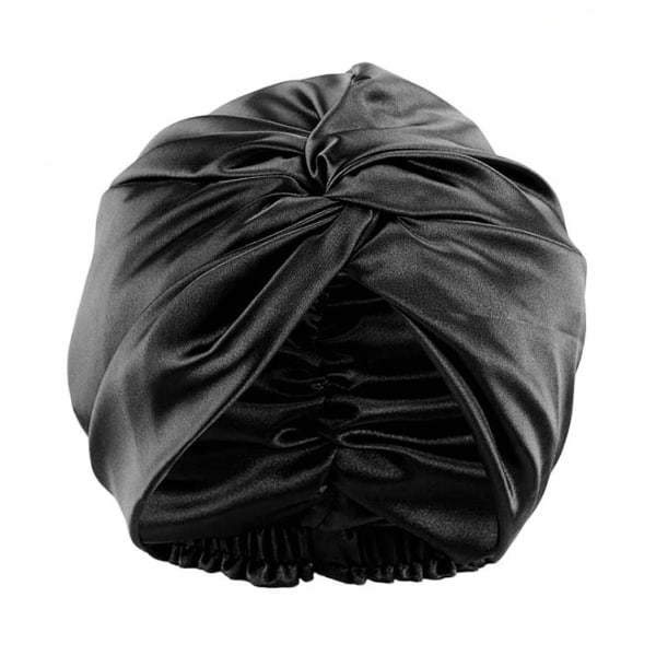 Elegant Satin Ruched Bonnet Dubbelskiktad Knuten Elastisk Turban Mjuk Duschmössa Sovande Nattmössa Hår Bonnet svart