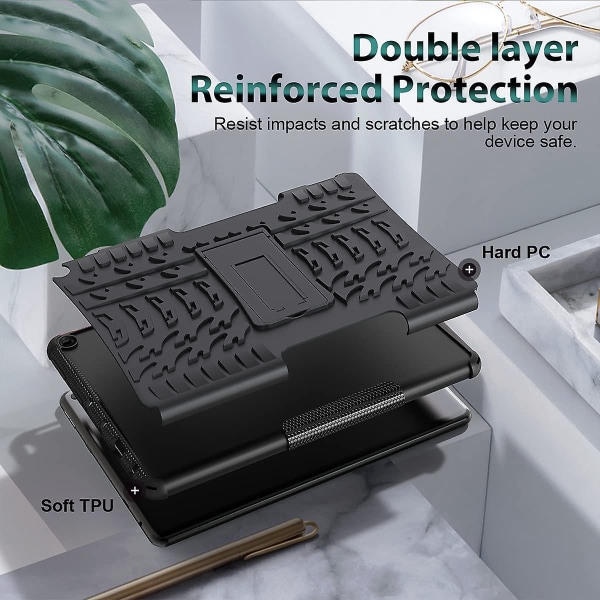 För FIRE Hd 10 Tablet Case 2021, Heavy Dual Dual Layer Stötsäker Slagtålighet Kickstand Case Kompatibel med Fire Hd 10 Case & 10 Black