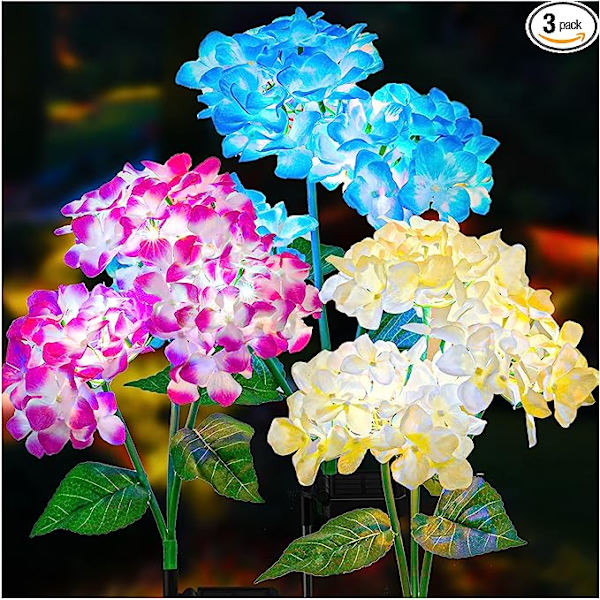 Solcellehavelamper - 3 Pak 2023 Version Solcellelamper Udendørs, Farverige Lamper, Hortensia Blomsterlamper til Gårdhaveindretning, Havepynt