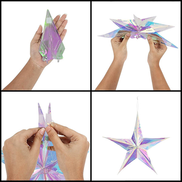 Sæt med 3 Iridescent Foldepapir Julestjerner med 5 Takker - 3D Plastikstjerner til Juledekoration, Træ, Vinduer, Bryllupper, Fødselsdage eller Kre
