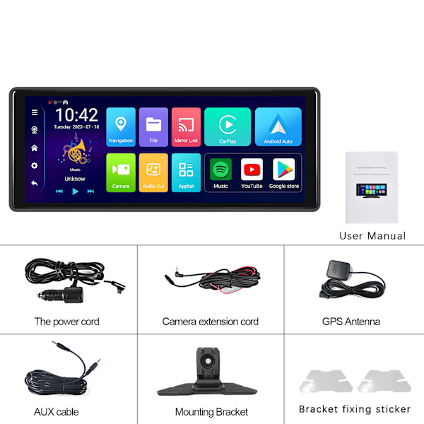 Bilvideospelare för Android-system 10.26\" HD-skärm med stöd för Carplay & Android Auto, GPS, WiFi, DVR-inspelning