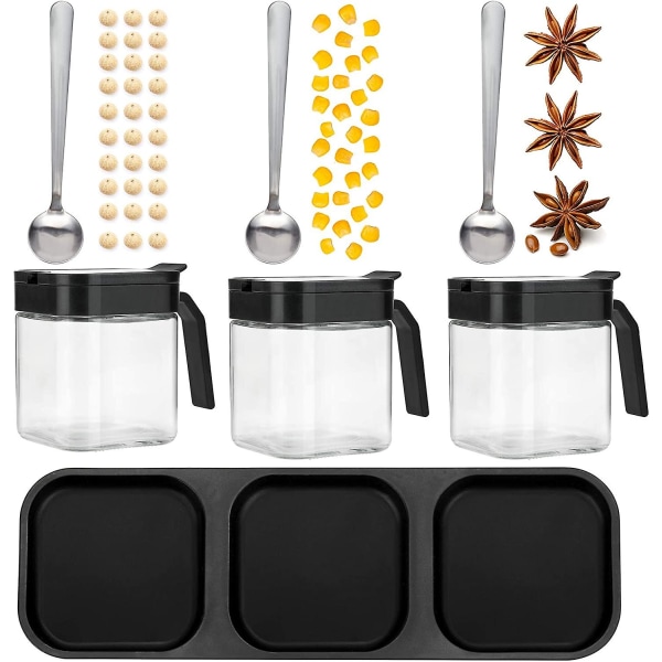 Kryddburk för krydda med lock och skedar, kryddbehållare av klart glas, kryddlåda, sockersaltbehållare, set med 3 för köksbänk