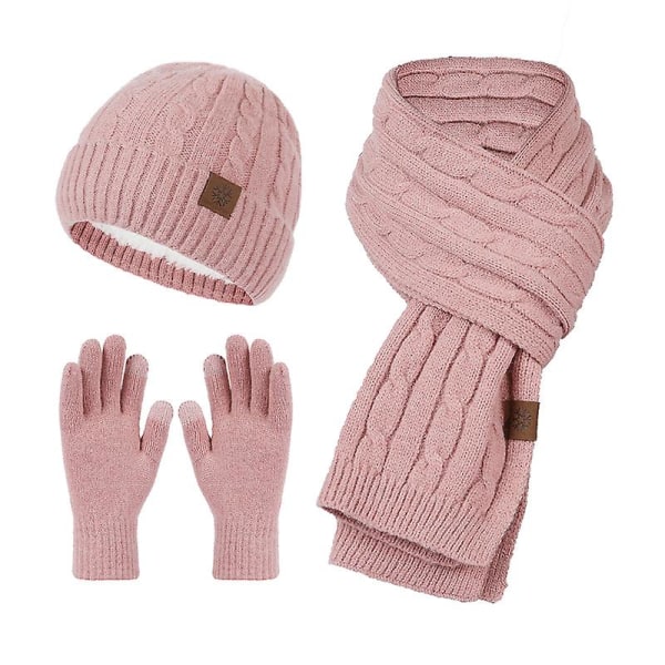 Rosa mössa Vinteruppvärmd mössa, varm foderhalsduk, Unisex stickade handskar i tre set, halkfria handskar, set