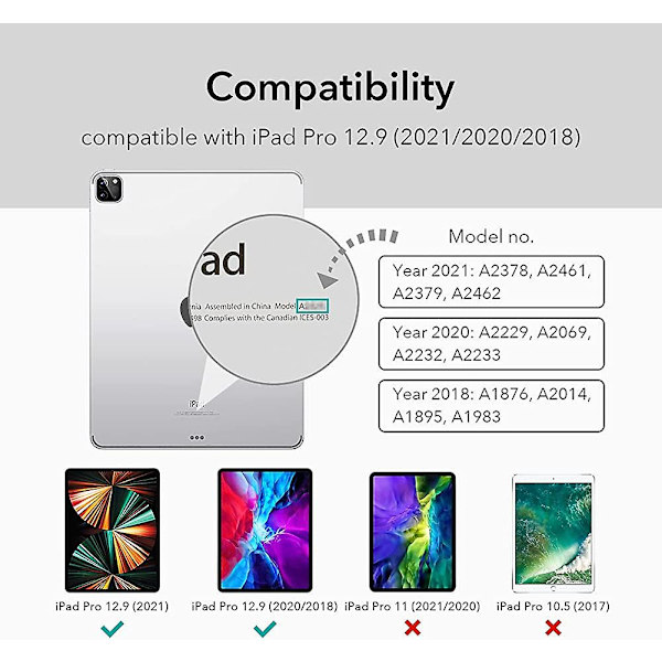 Magnetiskt fodral för Acsergery iPad Pro 12,9 tum /2020/2018 (5:e generationen/4:e generationen/3:e generationen), smart present