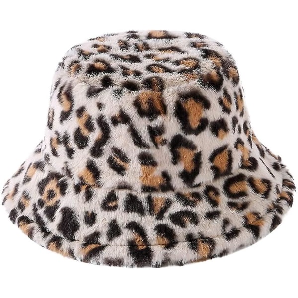 Dams Leopardmönstrad fuskpäls Bucket Hat Fluffy Vinter Varmare Plysch Fiskare