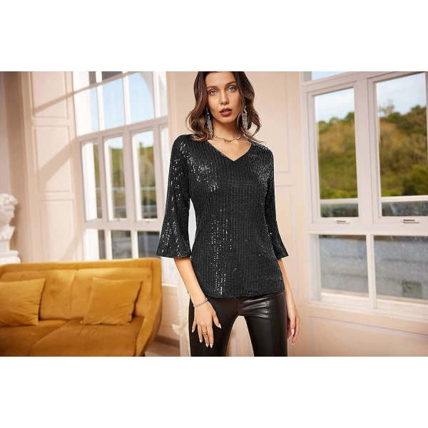 Dame Glitrende Glitter Paillet Tank Top T-shirt 3/4 Pufærme V-hals Bluse Top Black XL