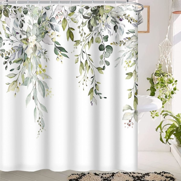 Sage Green Eucalyptus duschdraperi, akvarell blommande växter, mögel och vattentålig tvättbar duschdraperi (180 X 180 cm)