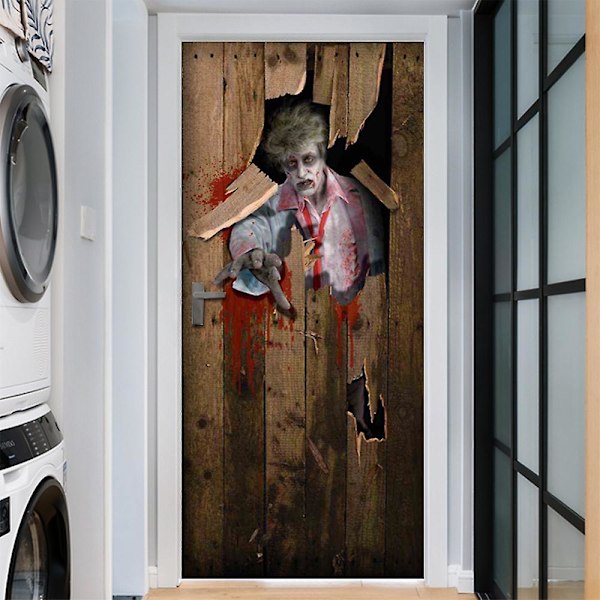 Halloween 3D Zombie Bryter Gjennom Dør-Klistremerker, 76 x 200 cm Skummelt Realistisk Zombie Spøkelse Dør Tapet Klistremerke For Halloween Dekorasjon, Hjemmefest