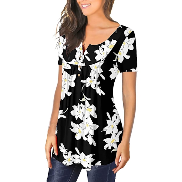 Dame Tunika Topper Ensfarget Plissert V-hals Knapper Bluse Blomstertrykte Damer Dotwhite XL
