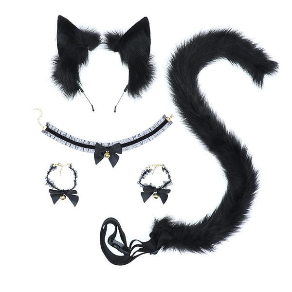 Cat Ears And Tail Set Wolf Fox Ears Tail Costume Kit , Bell Choker För Halloween Kostym Party Accessoarer Vit black