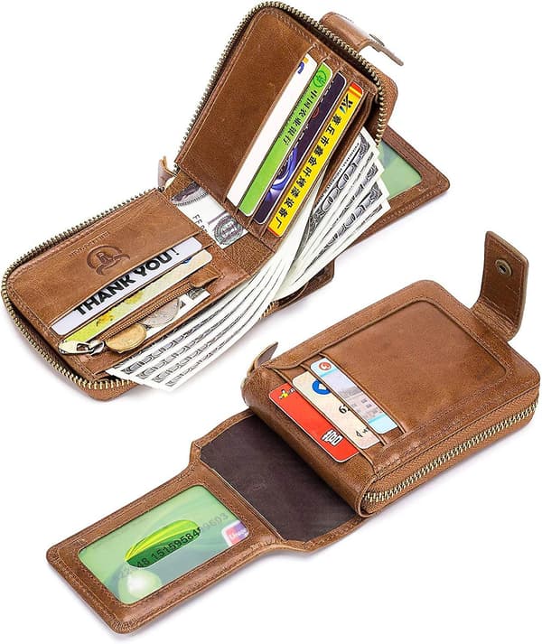 Herrar Äkta Läder Plånbok, Blockering Zip Around Bifold Multi Plånbok (Tan)