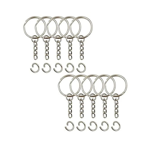 1 tuuman/25 mm avoin avaimenperä ketjulla, hopeanvärinen avaimenperä, avaimenperän osat, avoin ristikkäisrengas ja liitin. 10 kappaletta