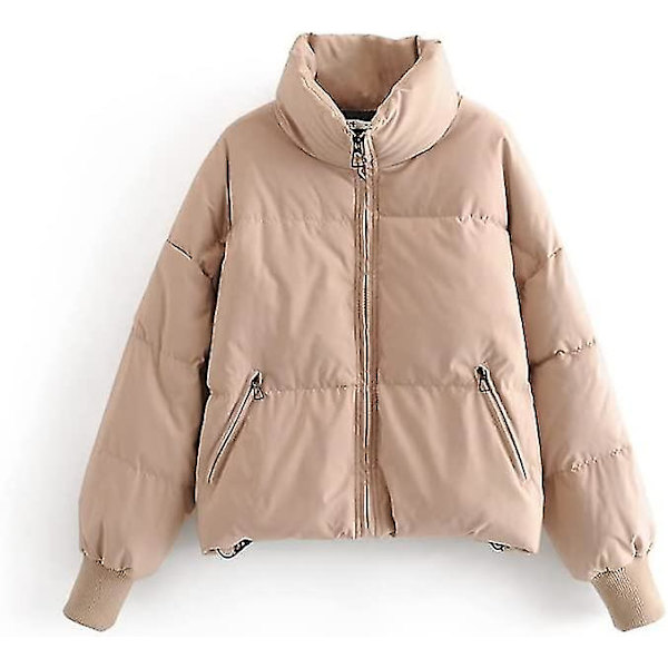Naisten Talvi Pitkähihainen Pystykaulus Vetoketjullinen Puffer-takki Löysä Lyhyt Untuvatoppatakki Khaki X-Small