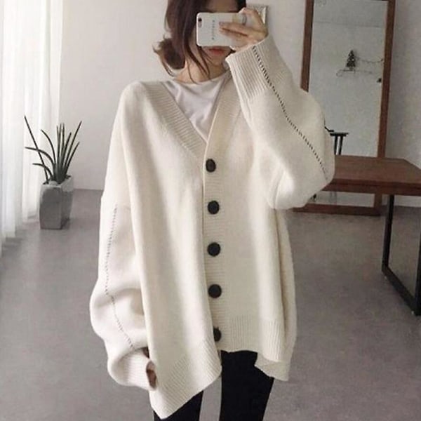 Multifarvet efterårs- og vinter afslappet og løs plus cardigan sweater frakke dame v-hals mid-længde sweater Beige M