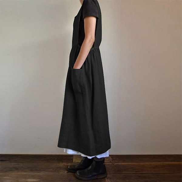 Dame Kjole Afslappet Løs Ensfarvet Forklæde Lange Stropper Bomuld Hør Overalls Kjoler Med Lommer, beige black S