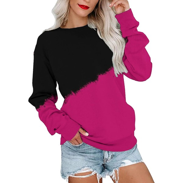 Dam med rund hals, färgblock/solid sweatshirts Toppar Långärmad Casual Pullover Söt lättvikts lösa toppar m7 hot Pink X Large