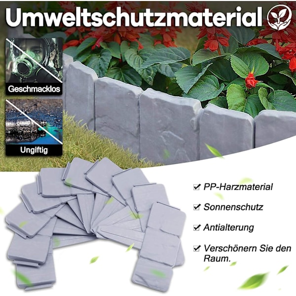 Gräskanter i Plast, Flexibla Stenliknande Blomsterrabatter 2,5 m, PP Blomsterrabatter, Klippkant, Palisad för Blommor