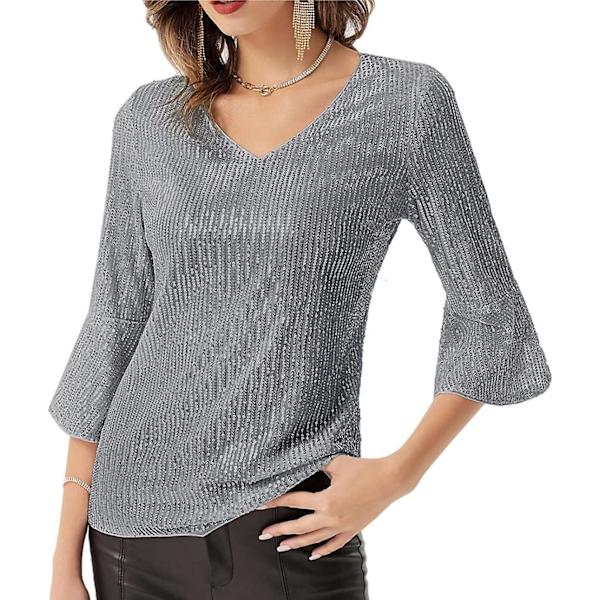 Kvinnor Glittrande Paljett Tank T-shirt 3/4 Puffärm V-ringad Blus Topp Grey L