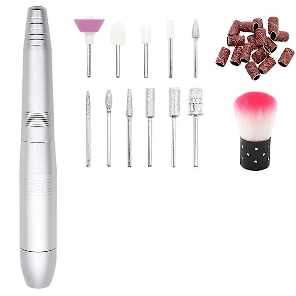 Elektrisk nagelborrmaskin-set, bärbar elektrisk nagelfilset för akrylgelnaglar, manikyrpedikyrverktyg med nagelborrbitar slipband Dus silver suit