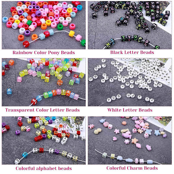 Ponyperler for smykkelaging, armbåndslagesett med pony akrylperler, bokstavperler og 10 ruller
