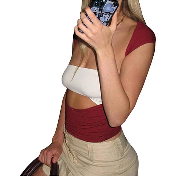 Dame Sexet Top med Udskæring i Ryggen Kortærmet T-shirt Y2k Mode Skjorter Burgundy L