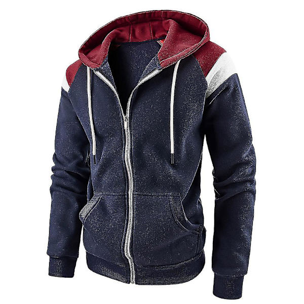 Herre Casual Hættetrøje Kontrastfarve Lynlås Hætte Langærmet Jakke Sportsjakker Overtøj Toppe Navy Blue XL