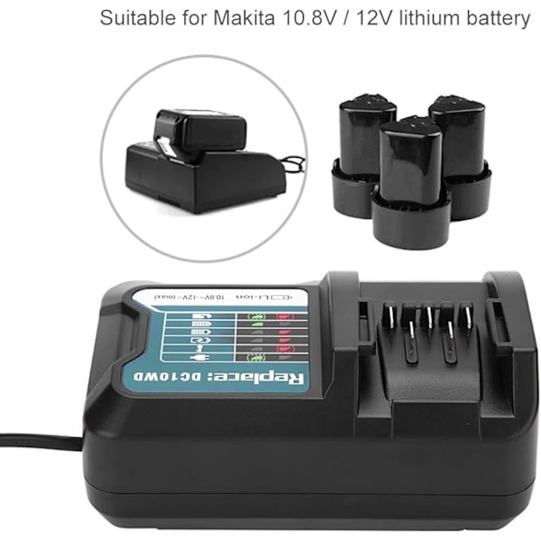 10.8V~12V Lithium Batterioplader til Makita, DC10WD DC10SB DC10WC BL1015 BL1016 BL1021B BL1041B Oplader Udskiftning til Makita Sort