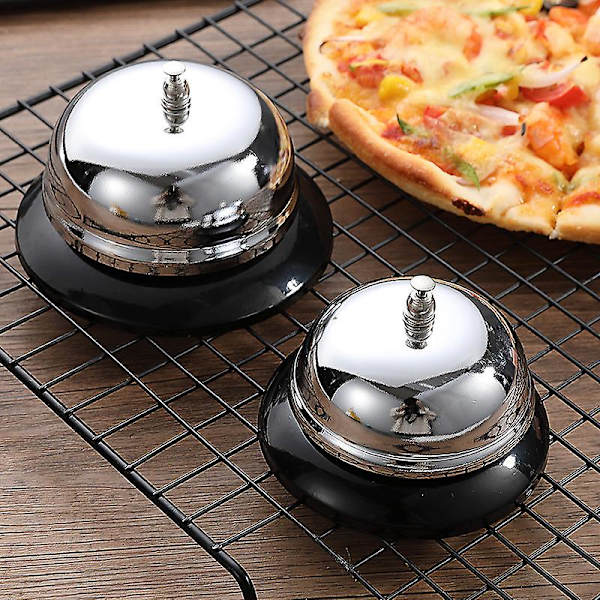 2 bordsbjäller, diskklocka, silver, för kök, reception, hotell, restaurang, mått 8 cm + 10 cm