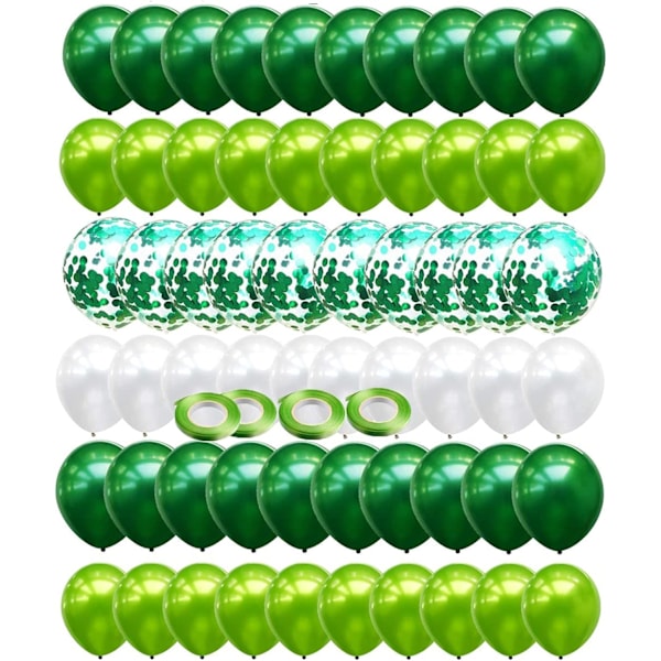 64 Pack Gröna Ballonger med Konfetti - 12 Tum - Grön Dekoration - Helium Ballonger för Barnkalas, Ballonggirlang, Dinosaurier
