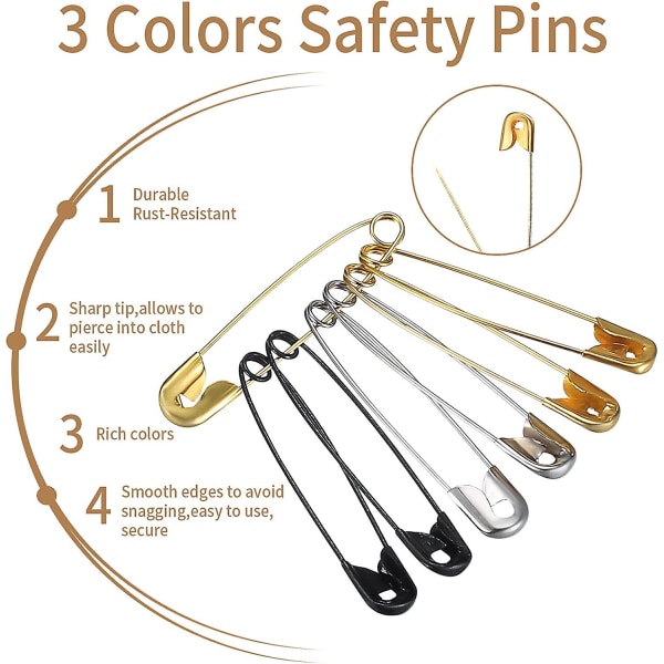 540 Pack Assorted Säkerhetsnålar, Små Medium Stora Kläder Säkerhetsnålar För Hantverk Sy Kläder Konst Guld Silver Svart