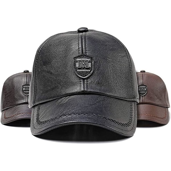 Fashion Emblem Høst Vinter PU Lær Herre Baseballcaps Vanntett Yetsye Vindtett Yetsye Utendørs Sportshatt Med Øreklaffer Black