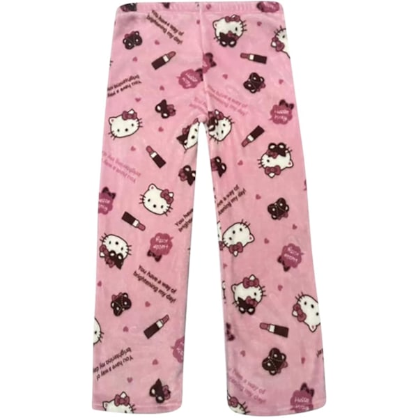 Pyjamabyxor för kvinnor, fluffiga kattpyjamasbyxor, söta anime-flanellpyjamas, bekväma loungebyxor Pink 2 M