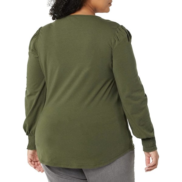 Kvinnors långärmad Crewneck Smocked Cuff T-shirt Olive L