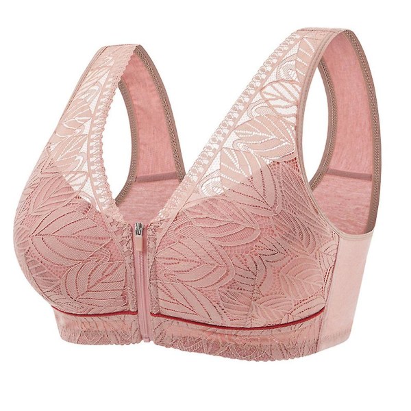 Sport-BH med dragkedja framtill, trådlös spets-BH med full täckning, T-shirt-BH - Rosa 42- 95