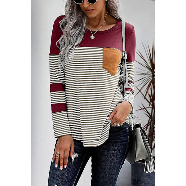 Dame Langærmet Oversized T-shirt Stribet Rund Hals Pullover Tunika Patchwork