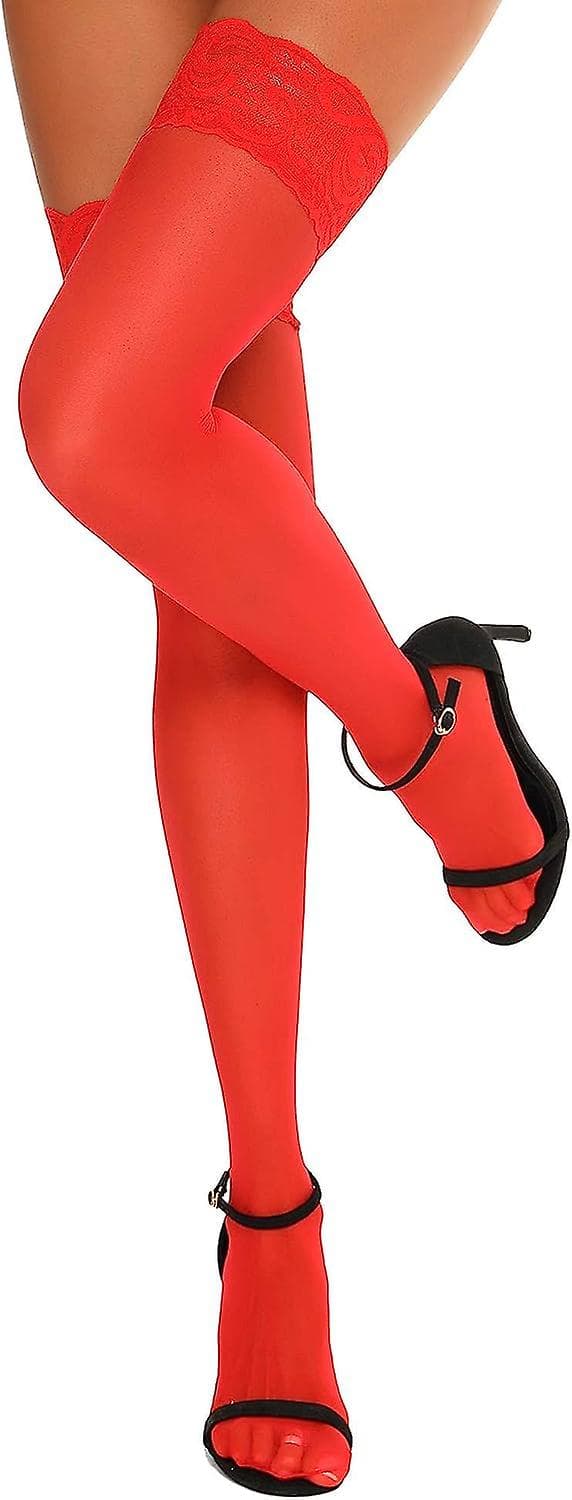 Antisladd silikon spets silke lårhöga strumpor Red One Size Plus
