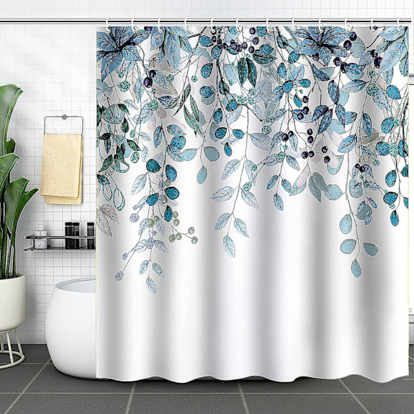 Bruseforhæng, Badeværelsesforhæng med 12 Kroge, Vandtæt Polyester Blue Leaves