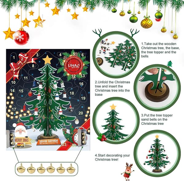 Adventskalender, minijulgran i trä för julbordsdekorationer, barnpresenter