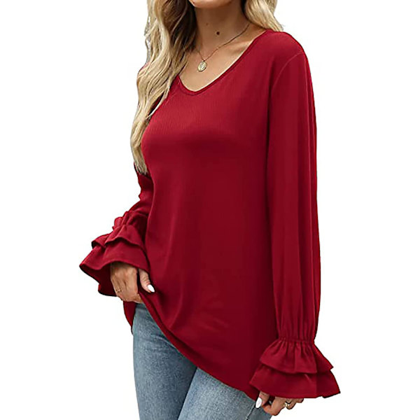 Dame Ensfargede Topper Casual V-hals Ruffle 3/4 Bell Erme Bluse Tunika Løs Skjorte Wine Red M