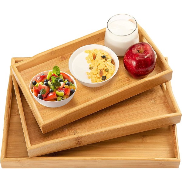 3-pack bambu serveringsbricka Matbricka med handtag, fleranvändbara set för mat, kaffe, frukost, te, mellanmål, trädekorbricka som används i kitc