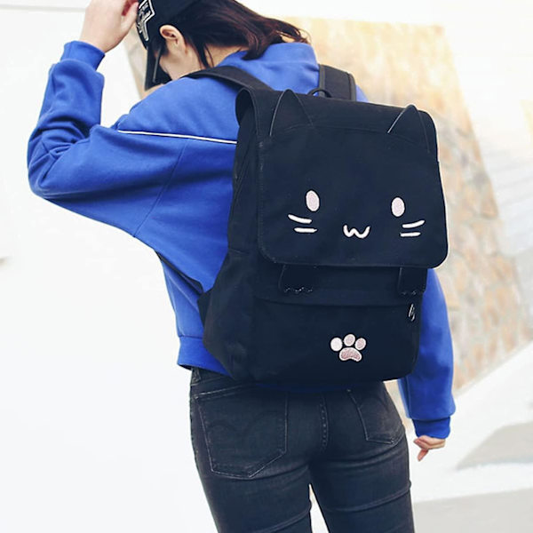 Heytea Søt Canvas katt førskolesekk katt mini ryggsekk for kvinner canvas katt ryggsekk Print Ryggsekk Skole
