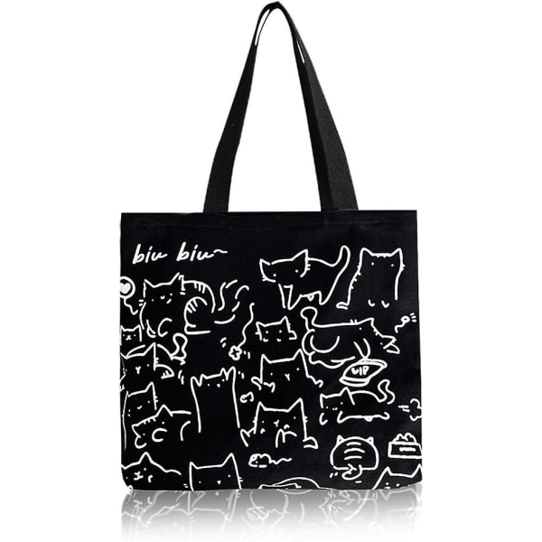 Svart katt canvas tote väska, dam tote väska, canvas väska tote väska, återanvändbar shoppingväska, tvättbar och hopfällbar shoppingväska, present till kvinnliga älskare